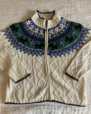 Eagle's Eye wire fox terriers vintage cream and blue knit Zip sweater Size Large