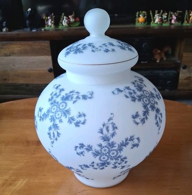 Mid Century Italian Satin Glass Urn Blue Flowers Mint Large