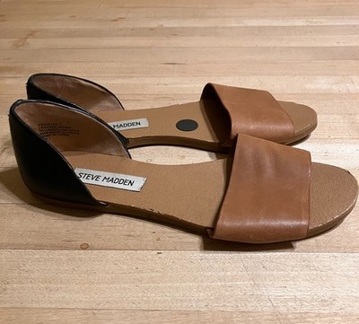 Steve Madden Womens Sidestep Leather Open Toe Ballet Flats Sz 7 Black Tan SP EXC