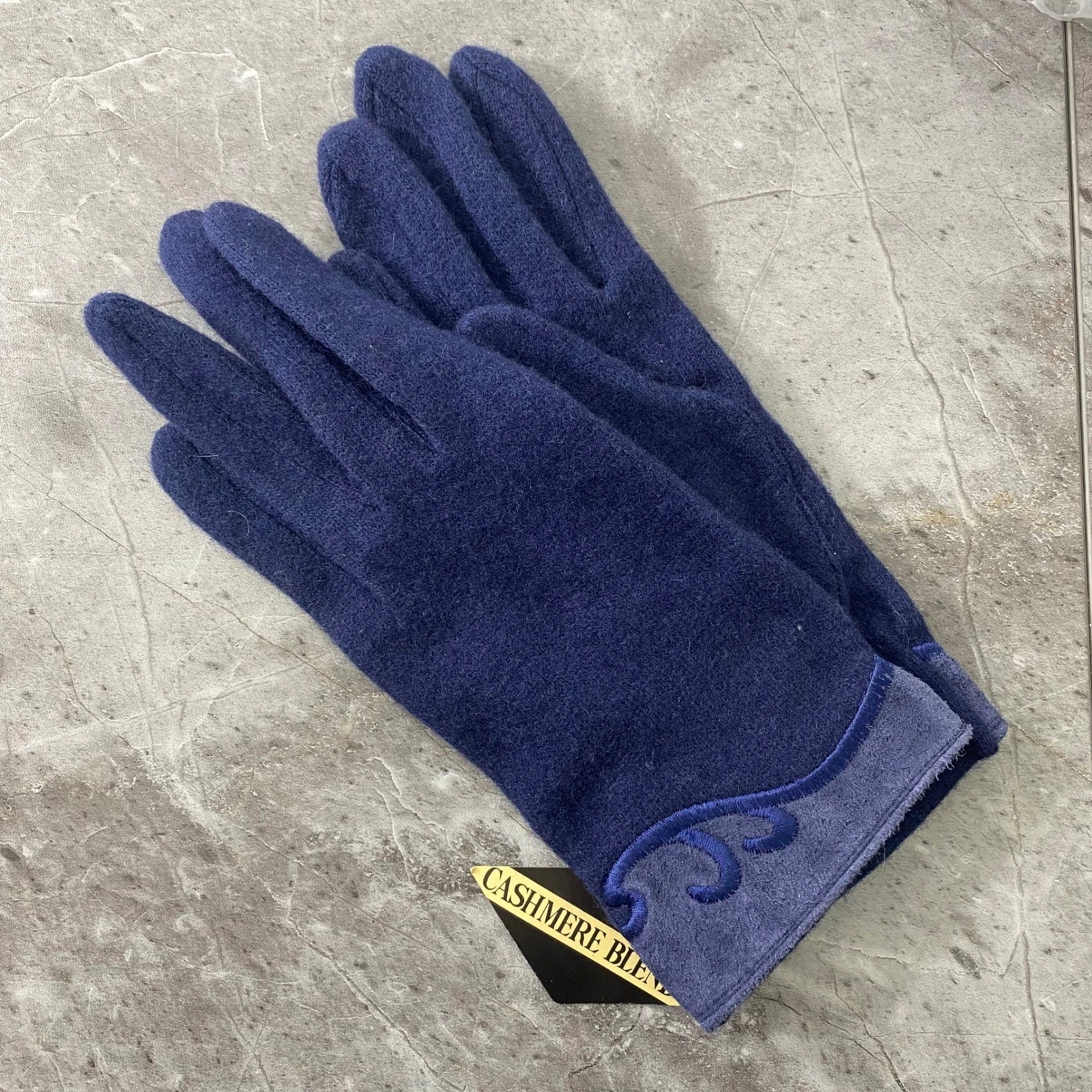 Navy Blue Cashmere Blend Gloves Lambswool Winter One Size Embroidered Cuff NEW