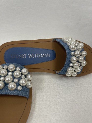 Stuart Weitzman Goldie Denim Pearl Sandals Slides 8.5 (EU 39) NWT - Picture 6 of 8