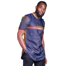Men's Blue Patterned Ankara Short Sleeve Top
