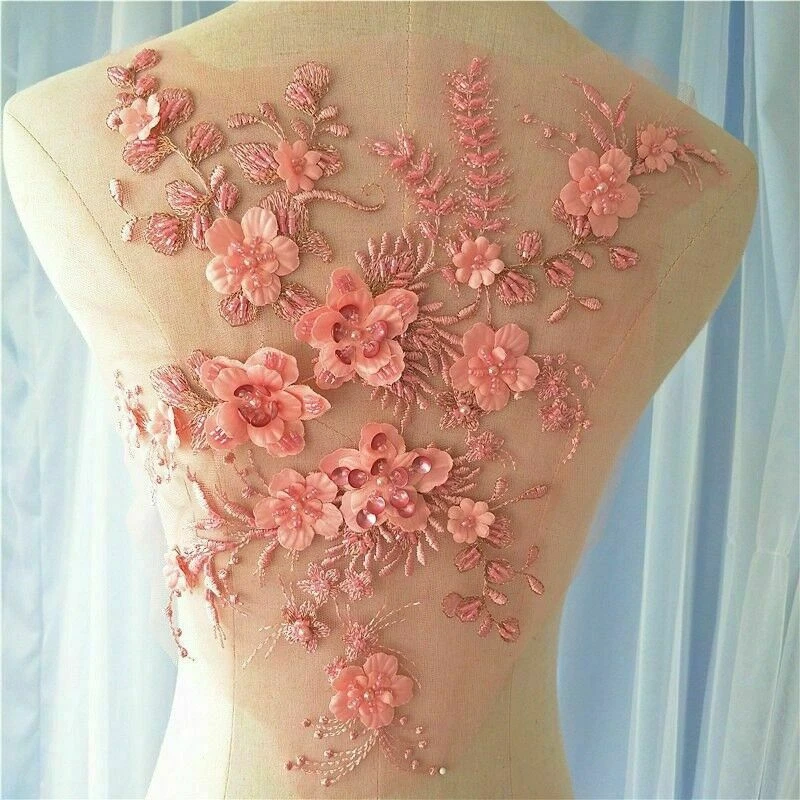 3D Floral Beaded Embroidery Lace Applique Patch Wedding Dress Cloth Decor Craft - Image 4 of 4