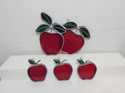 Lot of 4 Red Apple Sun Catcher Leaded Stained Glass Teacher Gifts 5.5" H 2.5" H