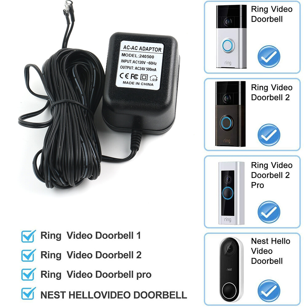 24V Power Supply Adapter Transformer W/ 26FT Wire Video Ring Doorbell 1/2/2 Pro