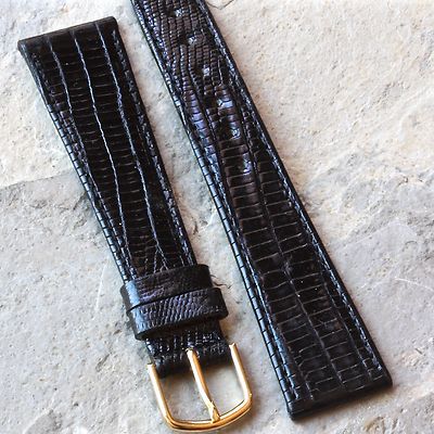 Perfect pattern unpadded Teju Lizard black 19mm vintage watch strap by Kreisler