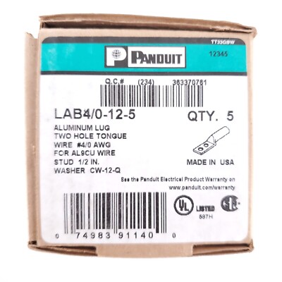 Panduit LAB4/0-12-5 Lug 2 Hole 4/0 1/2'' Stud