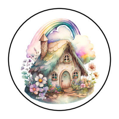 30 RAINBOW FAIRY HOUSE STICKERS ENVELOPE SEALS LABELS 1.5'' ROUND