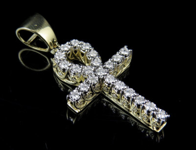 10K Yellow Gold Real Diamond Miracle 3D Solitaire Ankh Cross Pendant .62ct 1.5''