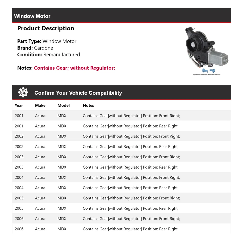 Para Acura MDX 2001-2006 Ventana Motor Cardone 2002 2003 2004 2005 Foto 2 de 4