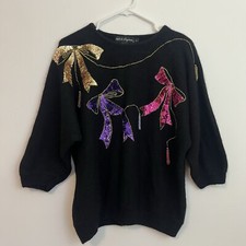 Vintage Sweater Womens L Sequins Glam Bows Balloon Sleeves Black Pink Bling