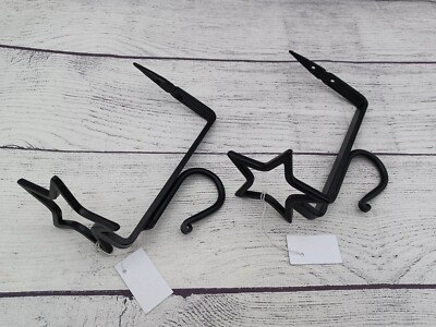 2 Star Shelf Brackets with Curtain Rod Pole Hooks, Wrought Iron, Use 1''x6'' Shelf