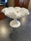 VTG Fenton White Milk Glass Hobnail Pedestal Bowl Compote-Ruffled Edge W/ Label