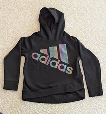Girls Adidas Black Hoodie Sweatshirt with metallic rainbow logo Size 7/8