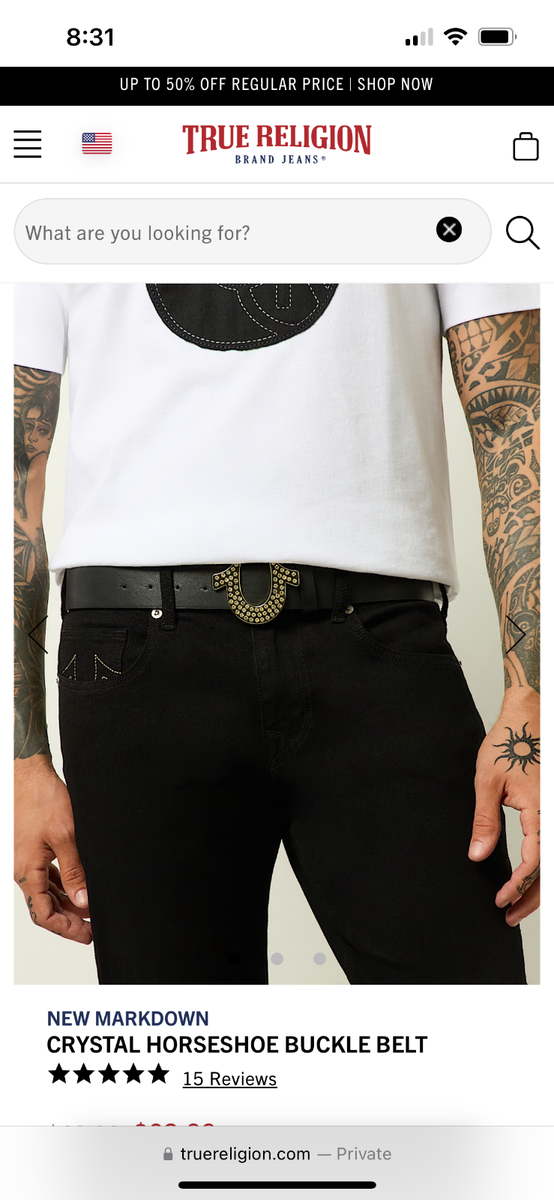 True Religion Mens Crystal Horseshoe Buckle Belt Black/Gold Size
