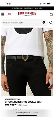 True Religion Mens Crystal Horseshoe Buckle Belt Black/Gold Size