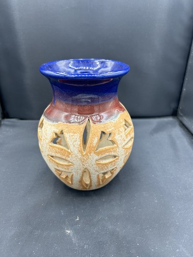 Walt Glass Blue Drip Flower Cutouts Art Pottery Candle Holder Lantern 6" Signed