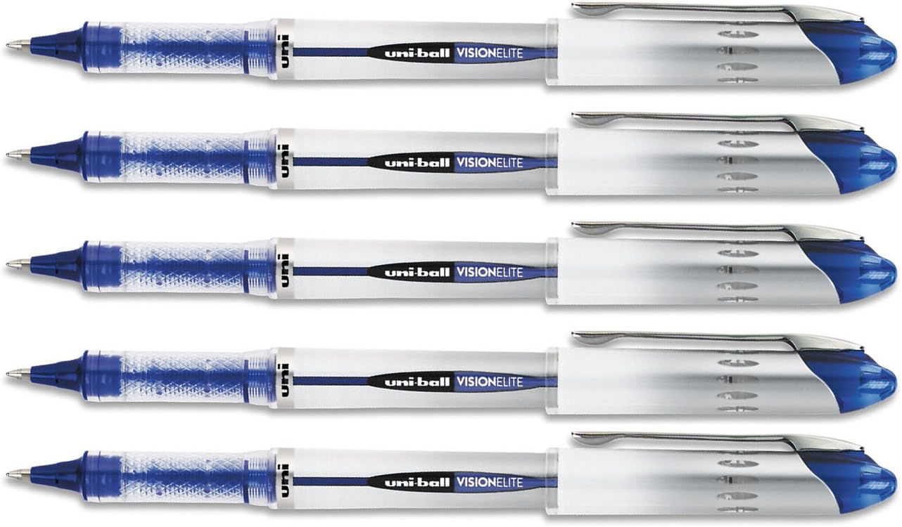 Uniball Vision Elite Roller Ball Pens, Blue Ink, Bold Tip, 5 Pack