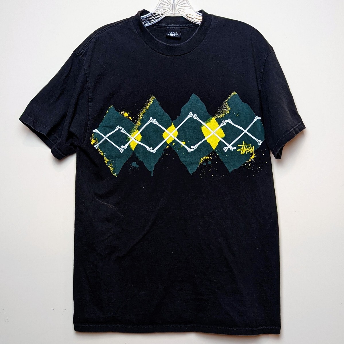 ★人気★【STUSSY】★Stussy Bones Stock T-Shir.t Black★ Stussy Vintage 2006 Skull Crossbone Argyle Black Y2K Shirt