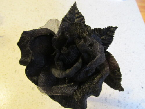 Millinery Flower Rose All Black Velvet and Organza 4 1/2” w/velvet leaves   G93