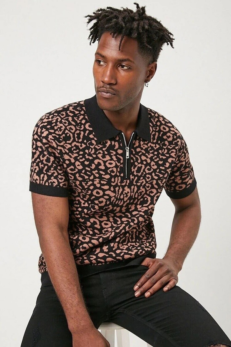 Forever 21 Men's Leopard Print 1/4 Zip Polo - Brown / Black