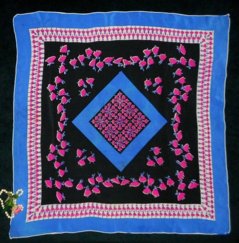 1940's Vintage Silk Scarf Ballerinas Pink Blue Black Handrolled Hem Excellent - Picture 3 of 4