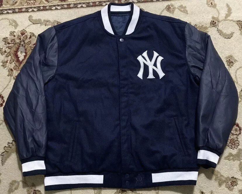 JH Design New York Yankees Navy Wool Varsity Full Button Jacket / Reversible XL