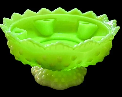 Vtg FENTON Jadeite URANIUM Glass Hobnail Pedestal Candle Holder Bowl 6.5” Diam
