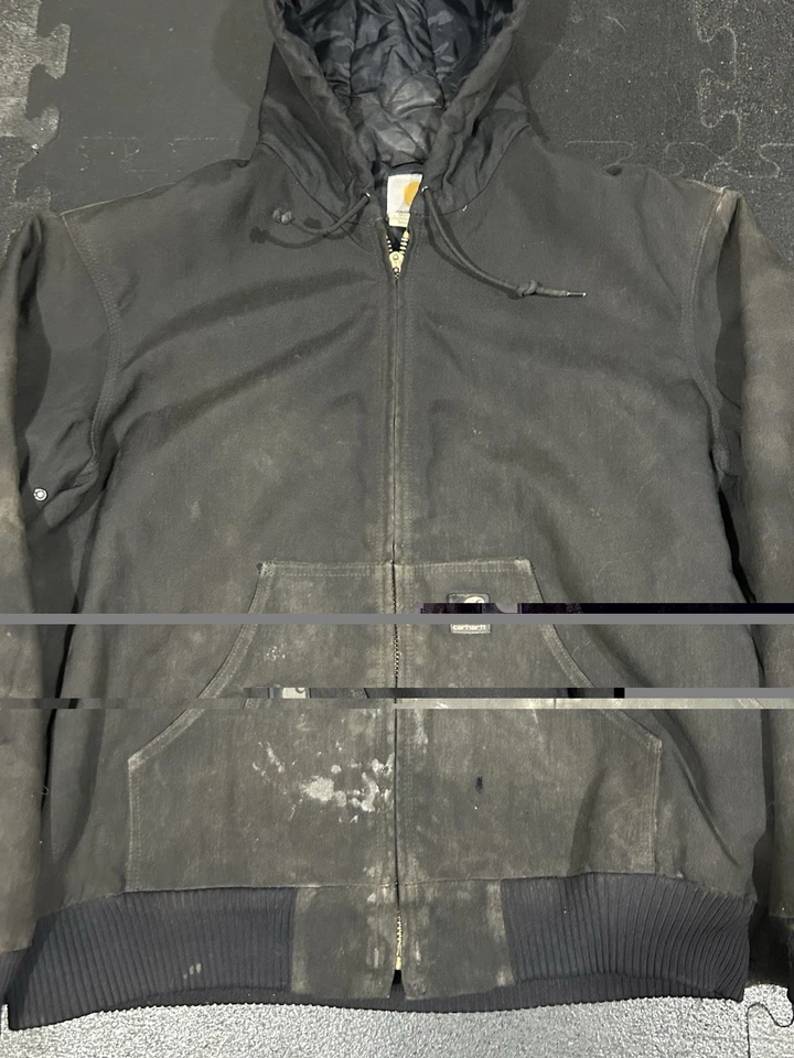 Jaqueta Carhartt J140 BLK EUA Masculina Preta Forrada em Colcha Ativa Desgastada Média Antiga - Imagem 3 de 4
