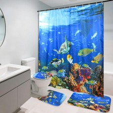 4-Piece Shower Curtain Set, Kids Bathroom Shower Curtain Set, Includes Bath M...