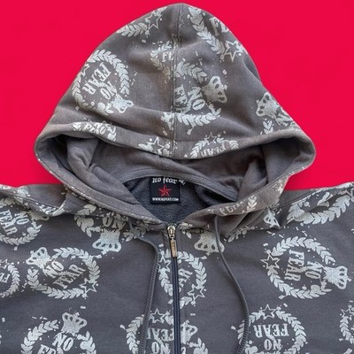 Vtg 00s Y2K No Fear AOP Crest Logo Dark Grey Full Zip Hoodie