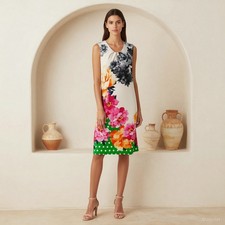 Evening Boho Knee Length Dress Multi Floral Jersey Shift Sleeveless Party S