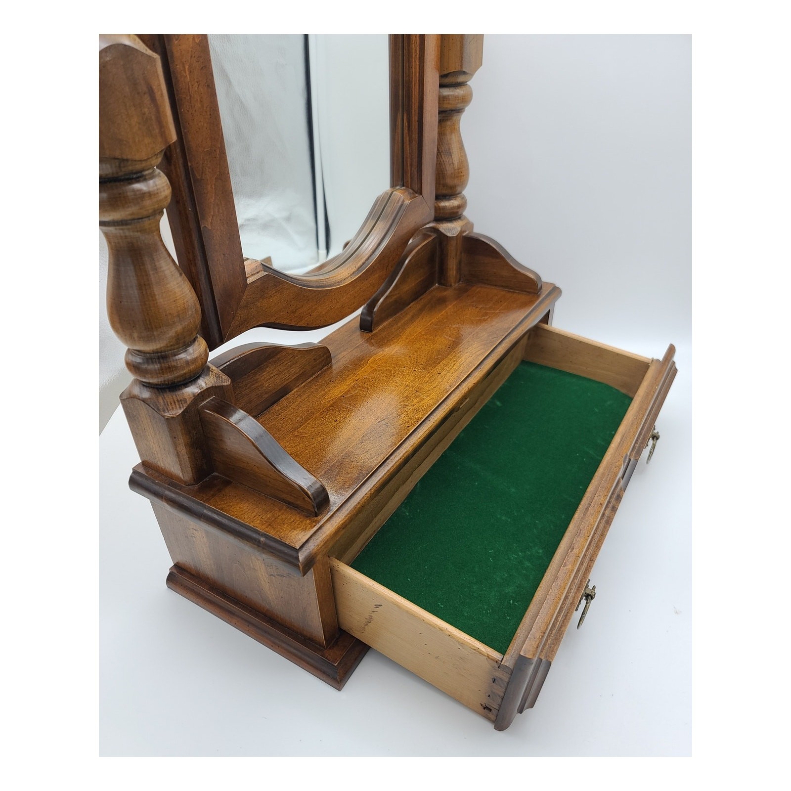 Vintage Pine Wood Cheval Mirror w/Drawer Dresser Top Vanity 24.5" Ethan Allen? 