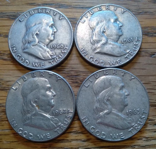 Lot of 4 Franklin Half Dollars --  1960, 1961, 1962 and 1963 -- 90% Silver
