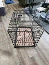 Pet Dog Crate for small dog. Folding. Steel. Good condition. With tray and liner