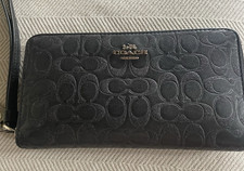 COACH Black Embossed Leather Signature Pattern Zip Around Wallet With Strap