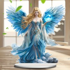 20cm 2D Acrylic Guardian Angel Statue - Blue Wing with Crystal Ball Decor UK