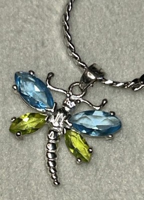 925 Sterling Dragonfly Glass Crystal Pendant On Japan Signed Silver Chain 24.5 