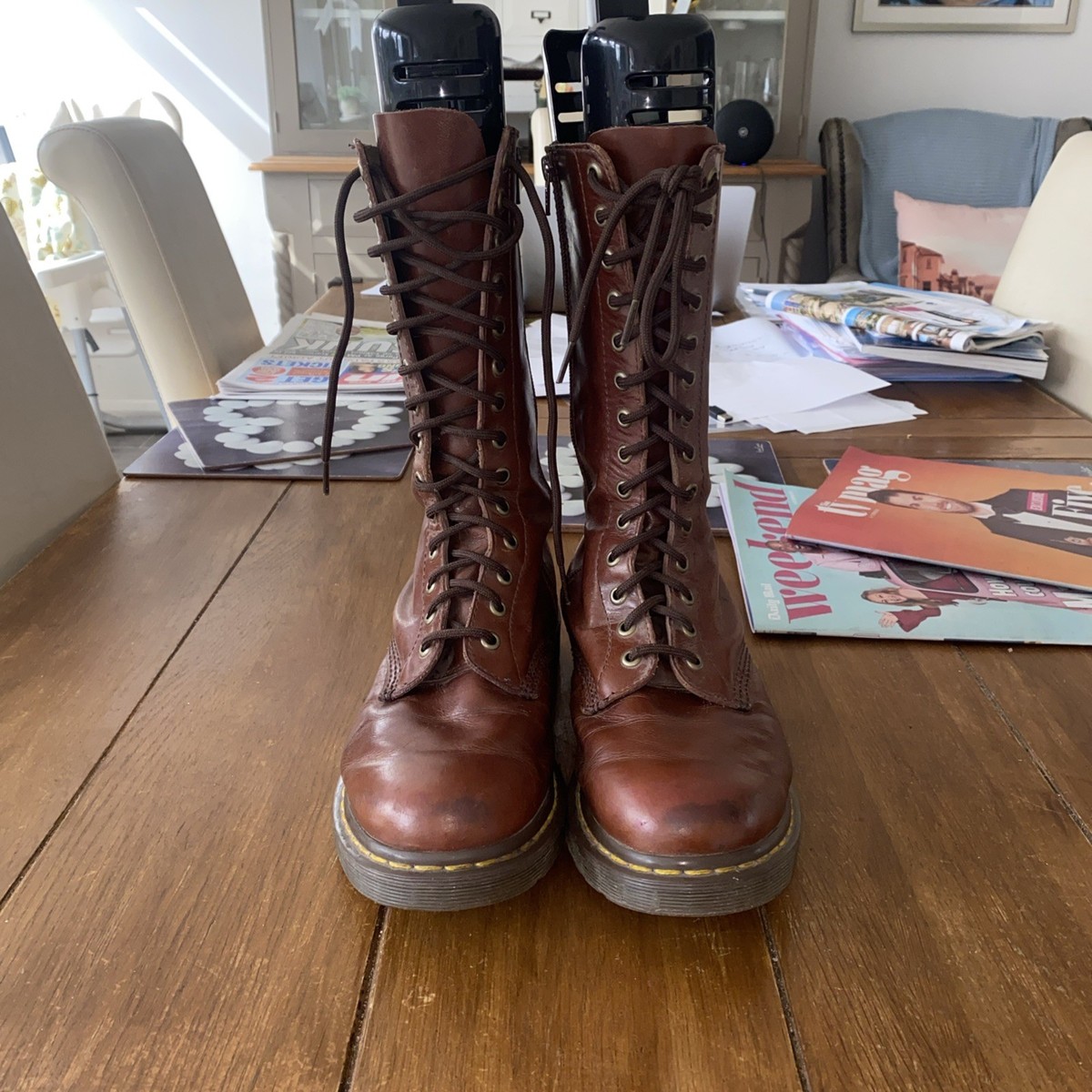 Dr Martens Airwair 14 Hole Boots Size 8UK Brown Leather with Zips