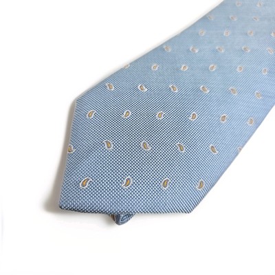 BATTISTONI Tie Paisley Light Blue Yellow White Geometric Woven Silk Textur Italy