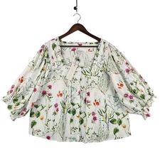 Rachel Zoe Peasant Linen Blouse Women XL White Botanical Floral Balloon Slv NWT