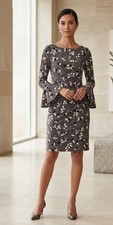 Lauren Ralph Lauren Sz 2 Grey Floral Ruched Waist Bell Sleeve Sheath Dress
