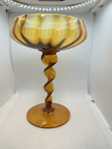 Italian Empoli Art Glass Optic Ribbed Twisted Stem Compote Candy Dish Amber 10”T - Picture 2 of 5