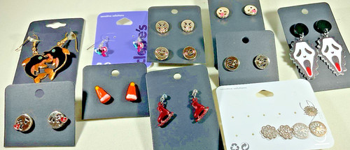 Lot 11 Pairs Pierced Earrings Kids Multicolored Emoji Skates Dolphins+ Whimsical
