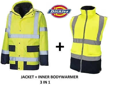 Dickies 3 in 1 Hi Vis Jacket Waterproof Fleece Bodywarmer Liner SA7006 RRP £80