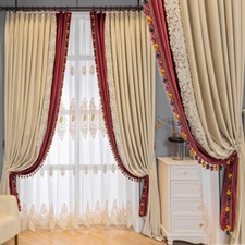 Custom red velvet American room villa cloth blackout curtain tulle drape C1227