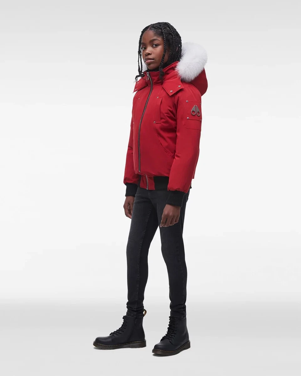 Red bomber jacket with fur hood hot sale