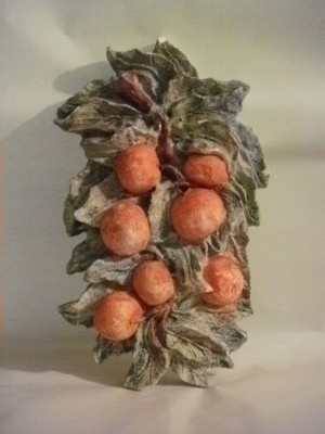 VINTAGE SIGNED PLASTER WALL DECOR HEAVY CHALK CITRUS ORANGES LEAVES 12'' GREEN