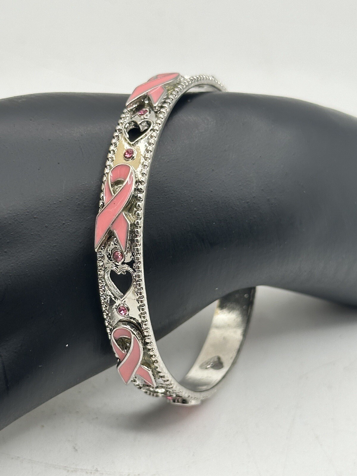 Bangle Bracelet Breast Cancer Awareness Ribbons With Heart Cut Outs Silver Tone-image