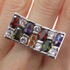925 Sterling Silver Vintage Multi-Color C Z Statement Cluster Ring Size 7